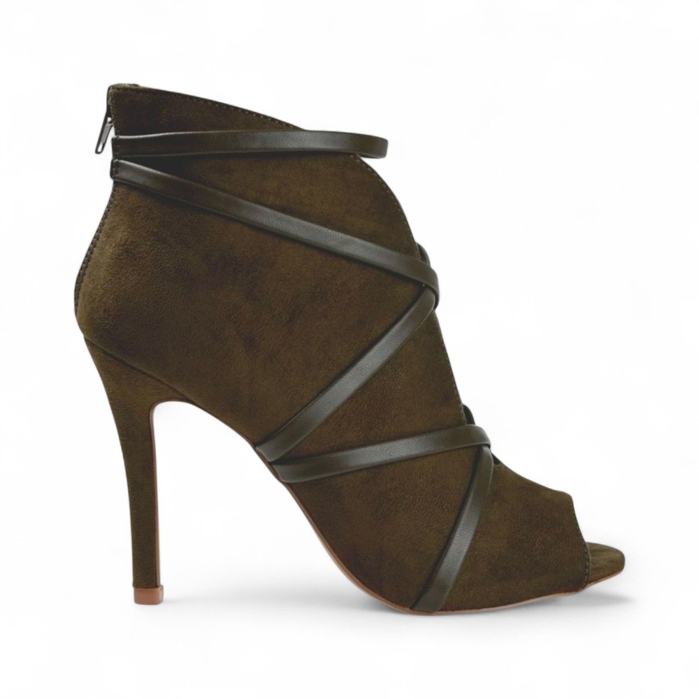 Journee Olive Peep Toe Booties Heels Size 8.5 Faux Suede Back Zip Dark Green New